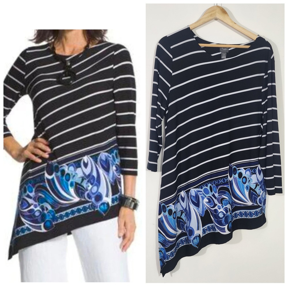 Chico's Travelers Size 3  top US XL Asymmetrical Hem black Blue Abstract Stretch